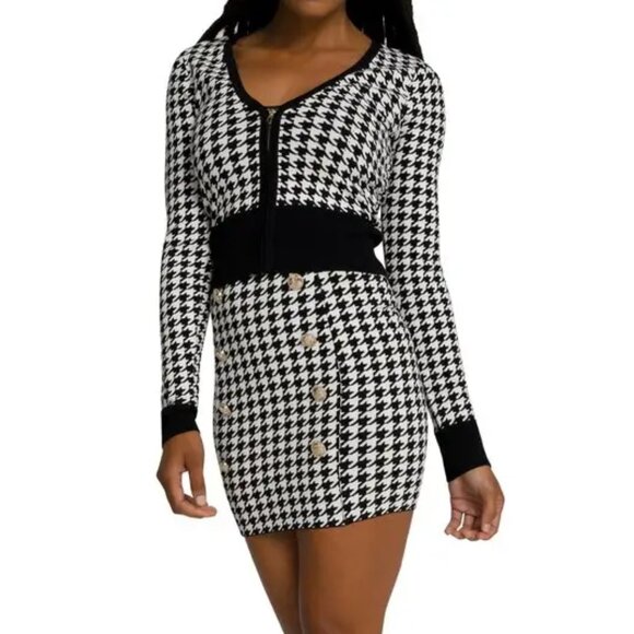 NEW! GOOD AMERICAN LIL FITTED HOUNDSTOOTH CARDIGAN SWEATER KNIT CROPPED sz 4 - Picture 2 of 10
